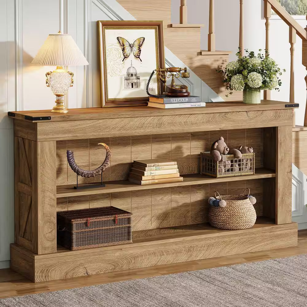 63 In. Long Brown Rectangle Wood Console Table, Farmhouse Entryway Table Sofa Table behind Couch