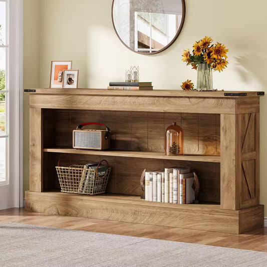 63 In. Long Brown Rectangle Wood Console Table, Farmhouse Entryway Table Sofa Table behind Couch
